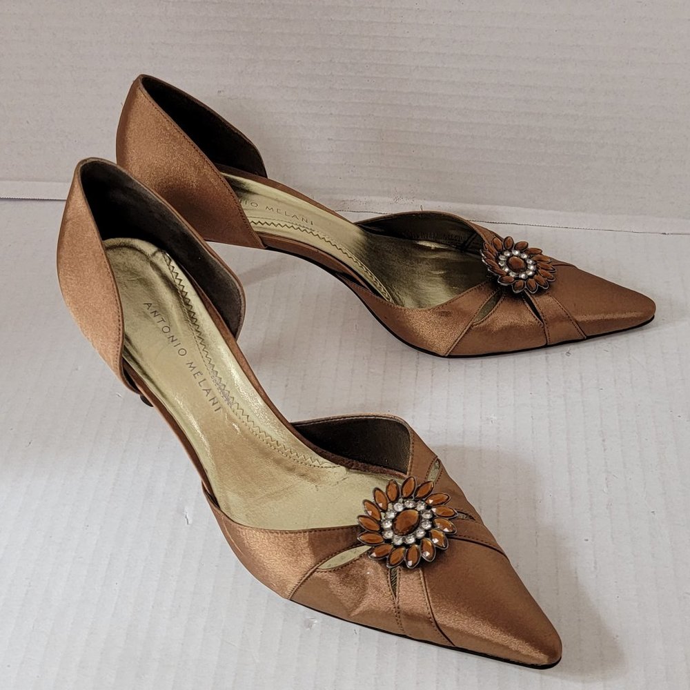Antonio Melani Womens Satin Brown Brooch Jewels Crystal Dress Shoes Heel 8.5 M